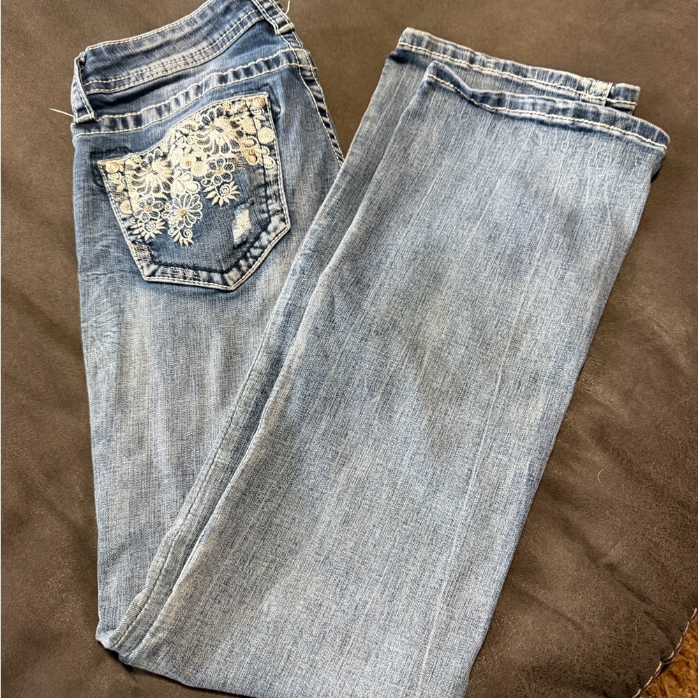 Grace Light Blue Straight Leg Jeans with Lace Pocket